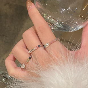 新中式碧玺戒指女小众设计尾戒女小指珍珠戒指女轻奢高级感食指环