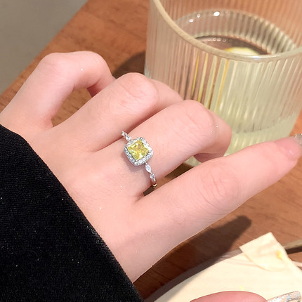 铜镀银戒指女黄钻方糖戒指女小众设计素圈戒指开口尾戒食指戒指环