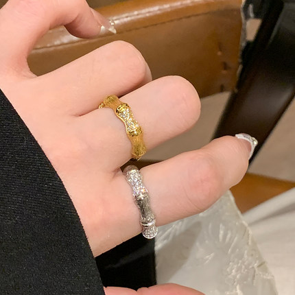 老钱风竹节拉丝戒指女小众设计尾戒女小指开口素圈戒指新款食指环