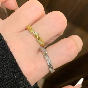 中古风麻花素圈戒指女小众设计镶钻石戒指女轻奢高级感开口食指环