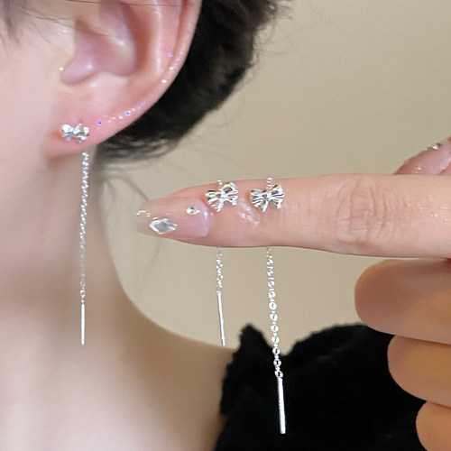 999纯银耳钉蝴蝶结流苏耳线女