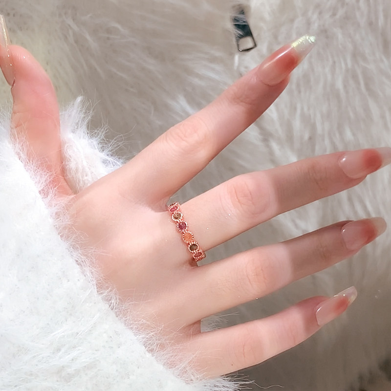 彩虹碧玺戒指女小众设计高级感宝石素圈戒指复古尾戒开口食指指环