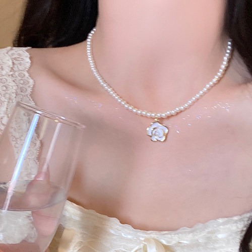 山茶花吊坠白珍珠素链项链女