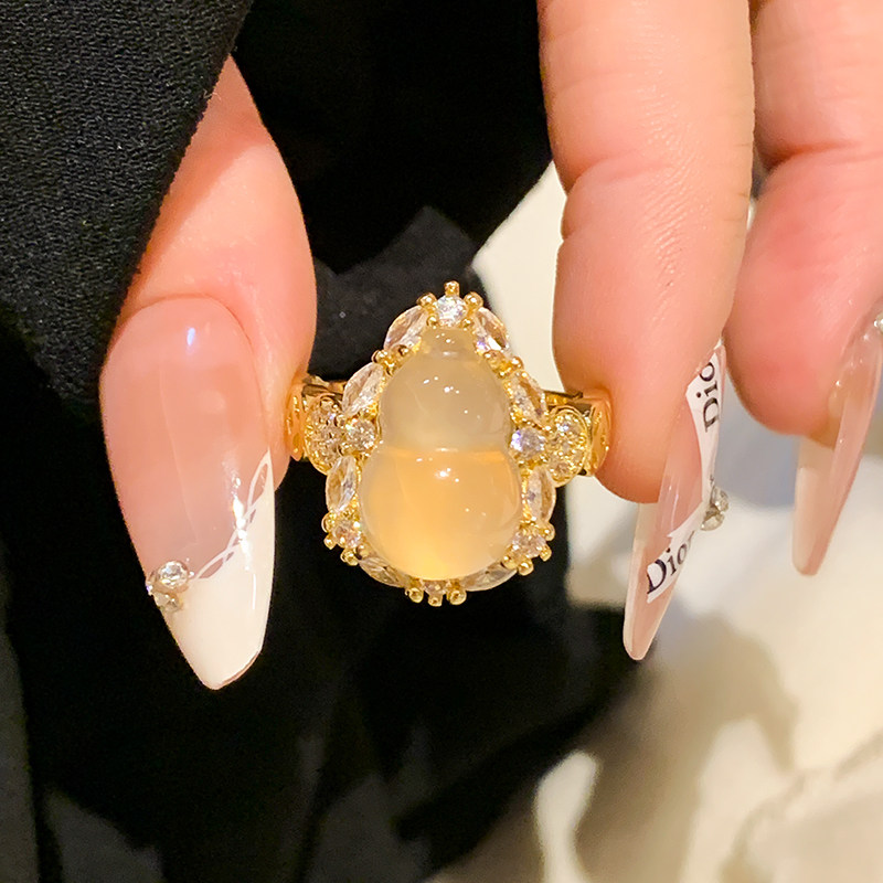 新中式葫芦铜钱仿玉髓戒指女轻奢高级感锆石尾戒指女小众设计指环