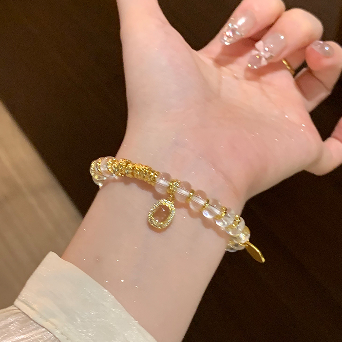 新中式盘缠金手链女款白水晶手串珠手链轻奢小众精致弹力手绳饰品