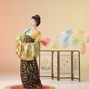 墨名堂原創(chuàng)團花船形披帛桑蠶絲2021年夏季 漢服女印花 真絲披帛
