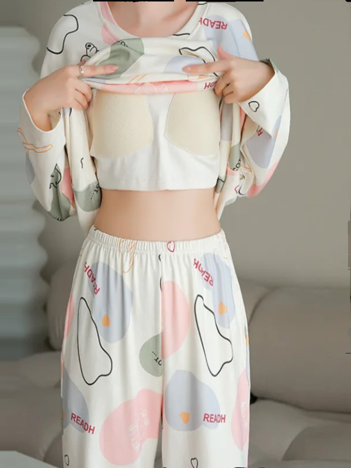 PAJAMAS CHEST PADS WOMENS SPRING AND AUTUMN LONG-SLEEVED TROUSERS CUTE AND SWEET INTERNET CELEBRITY STYLE HOME CLOTHES TWO-PIECE SUIT