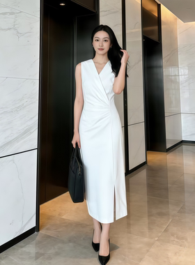 26新款日常通勤休闲连衣裙无袖V领白色中长裙女收腰拉链宴会礼服