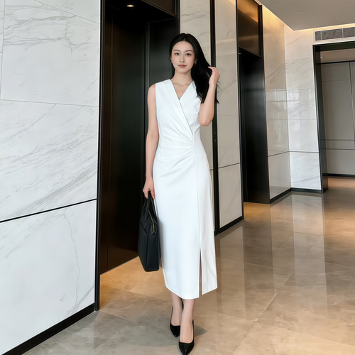 白色无袖V领收腰拉链礼服连衣裙