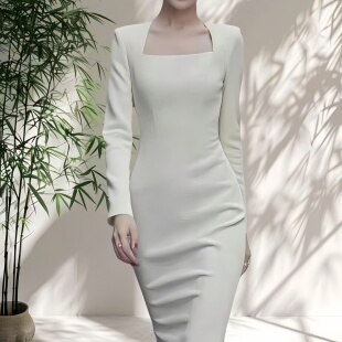 25年秋季新款方领主持人演讲会晚礼服显瘦修身气质优雅轻奢连衣裙