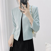 绿色休闲小西服开衫 春秋西装 外套女圆领气质小个子白醋酸短款 上衣