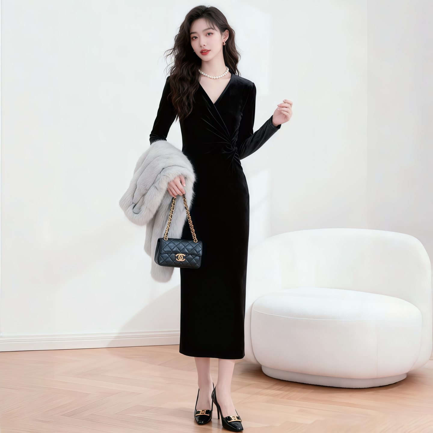 轻奢优雅风黑色丝绒V领长袖礼服