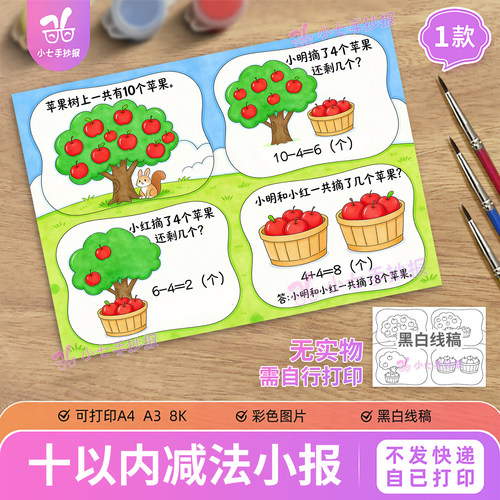 数学连环画手抄报模板一年级十10以内加减法四宫格打印线稿