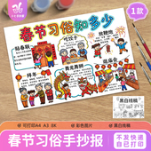 春节习俗知多少儿童画手抄报电子模板马年新年传统民俗线稿
