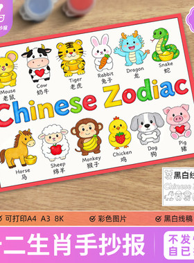 十二生肖Chinese Zodiac英文英语主题绘画手抄报模板属相知识