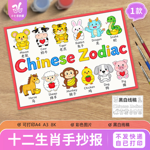 十二生肖Chinese Zodiac英文英语主题绘画手抄报模板属相知识