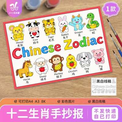 十二生肖Chinese Zodiac英文英语主题绘画手抄报模板属相知识