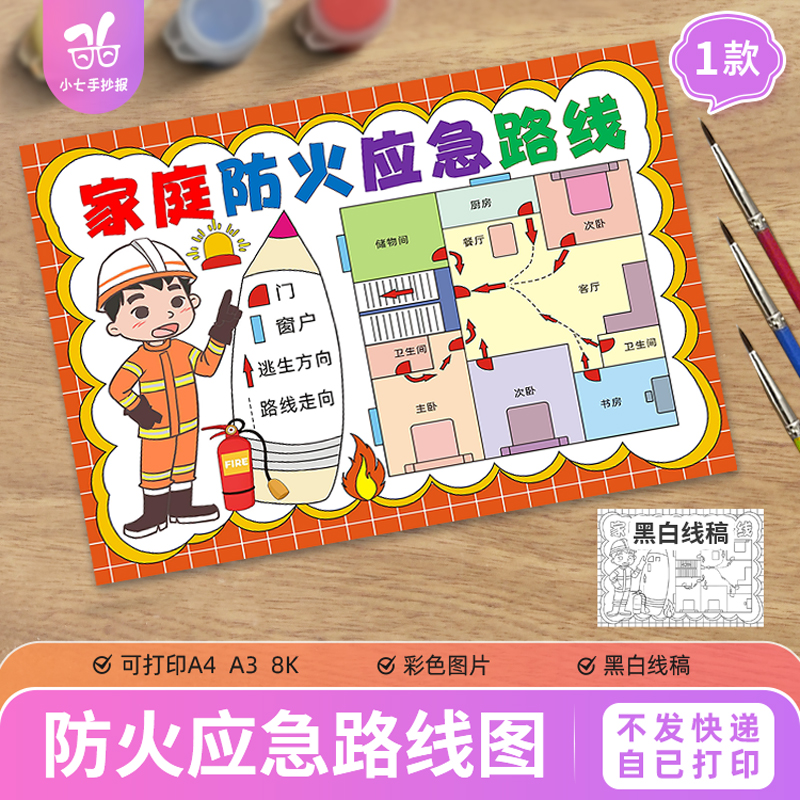 家庭防火应急路线图儿童画模板小学生手抄报疏散逃生消防安全