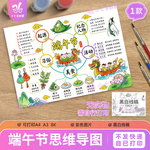 端午节思维导图手抄报模板电子版五月初五端午习俗来源线稿图