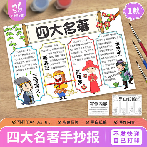 四大名著读后感手抄报模板电子版红楼梦三国演义水浒传西游记小报