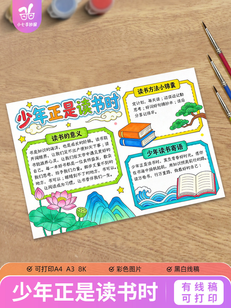 少年正是读书时手抄报电子模板阅读伴我成长世界读书日线稿图