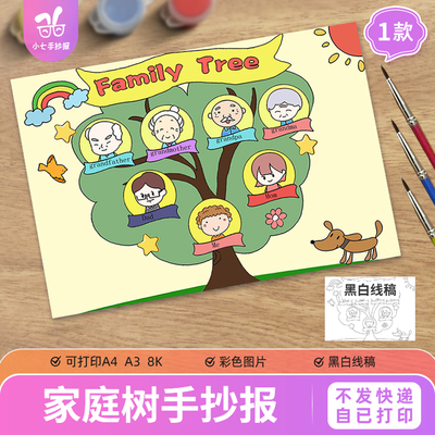 家庭树英语手抄报模板my family tree儿童绘画独生男孩家庭