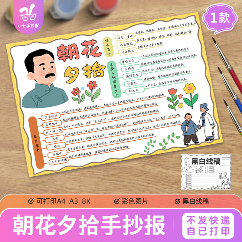 朝花夕拾思维导图中学生课外阅读手抄报好书推荐涂色线稿小报