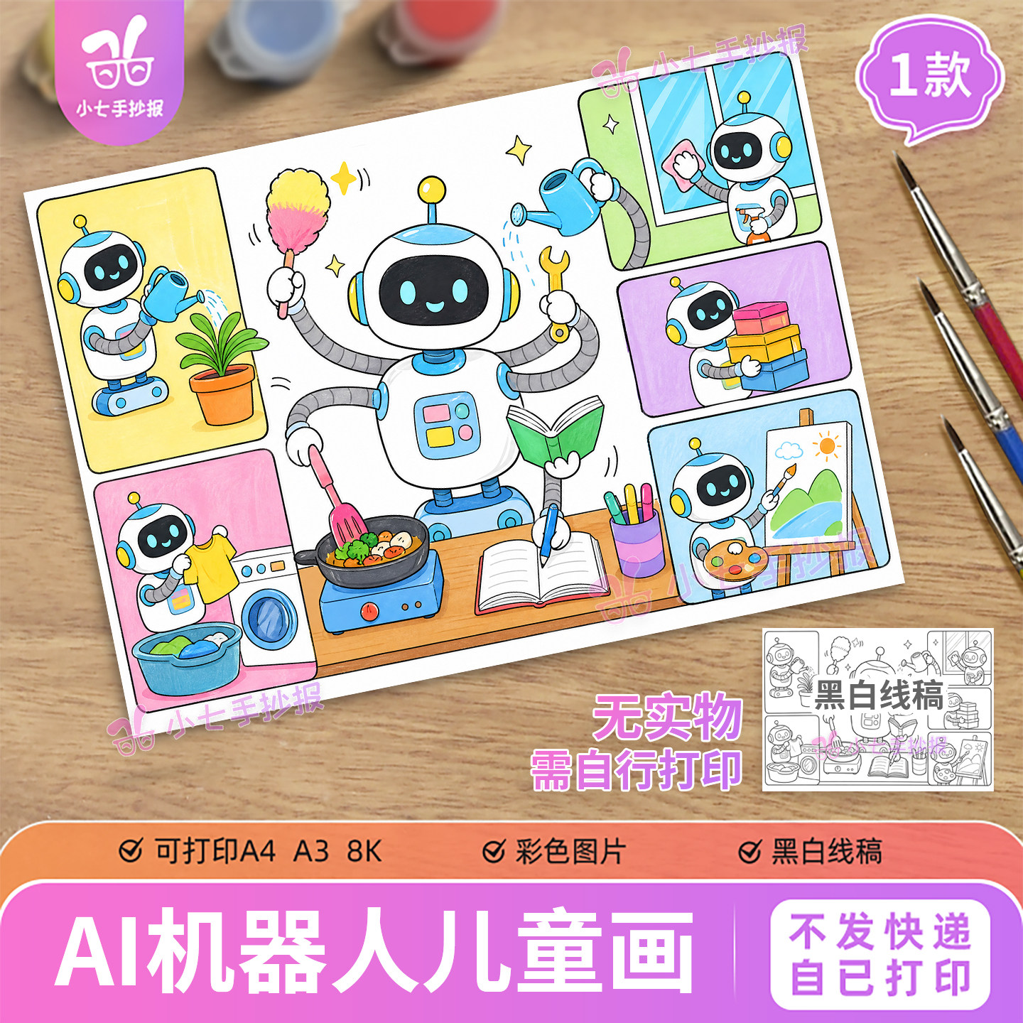 未来机器人科幻主题儿童绘画手抄报电子版模板小学生ai线稿图图片