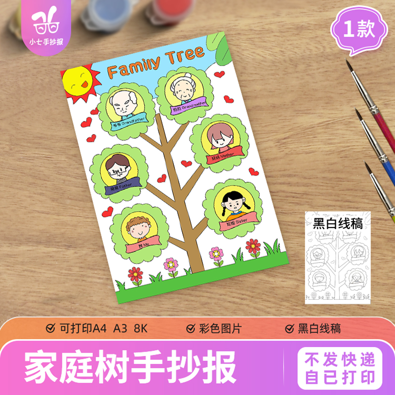 家庭树英语手抄报竖版模板family tree儿童绘画一男一女家庭