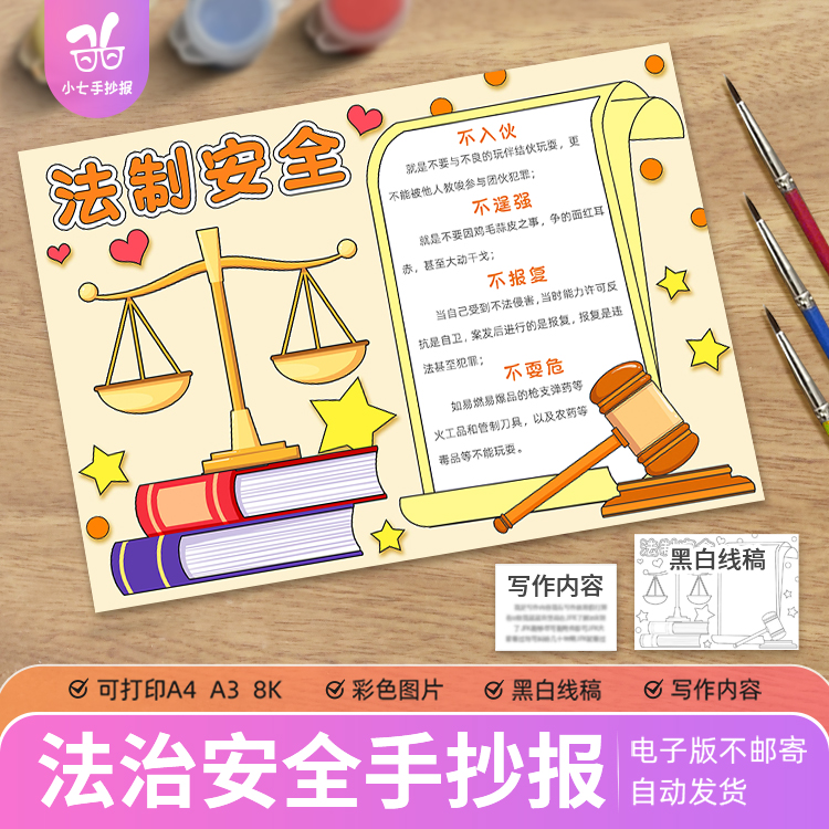 法治安全手抄报电子模板小学生学习法律法规宪法知识国家宪法日