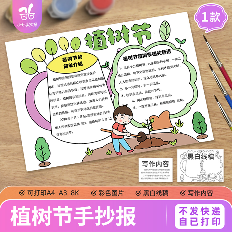 植树节3.12手抄报模板电子版小学生植树造林爱护环境简约线稿