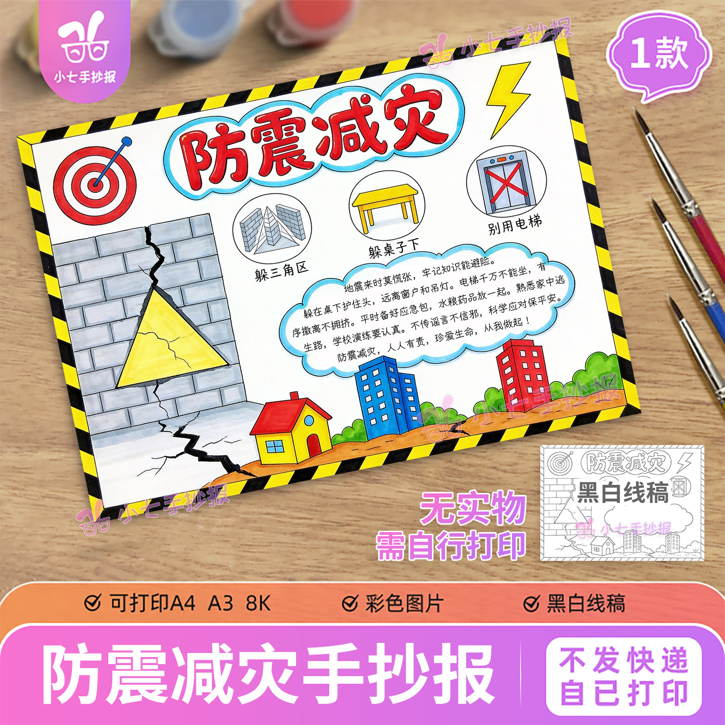 防震减灾手抄报模板电子版防灾减灾日预防自然灾害地震线稿图