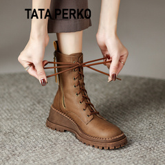 TATA PERKO联名女鞋棕色厚底增高坡跟马丁靴女真皮英伦风系带短靴