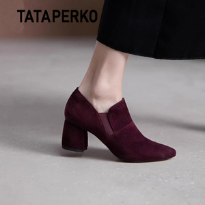 TATA PERKO联名尖头瓢鞋酒红色磨砂绒面高跟鞋真皮深口单鞋女秋冬