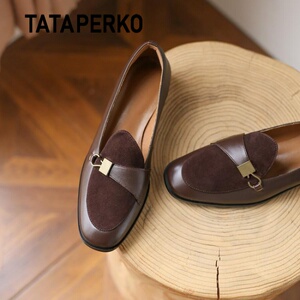 TATA PERKO联名英伦风小皮鞋女真皮粗跟棕色乐福鞋平底穆勒鞋