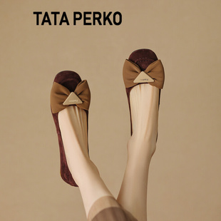 女真皮带跟瓢鞋 TATA 蝴蝶结方头单鞋 PERKO联名法式 羊皮奶奶鞋