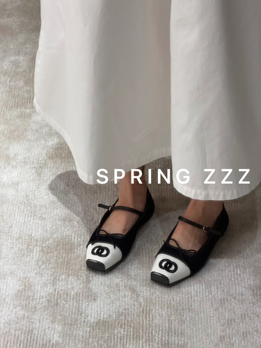 【Spring zzz】26K秋冬新款 方头蝴蝶结拼麂皮面芭蕾舞平底玛丽珍