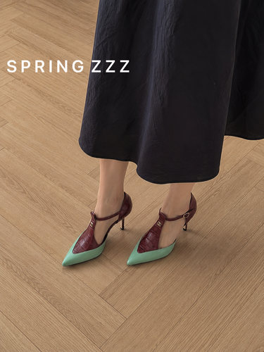 【Spring zzz】26夏季新款 鳄鱼纹红绿拼色尖头凉鞋T字带高跟单鞋