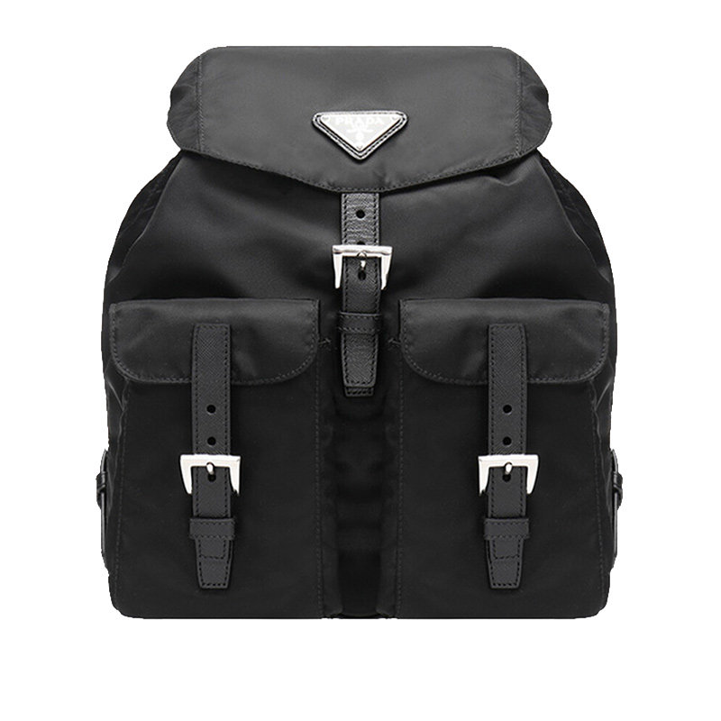 Prada 普拉达 黑色织物配皮女士牛皮LOGO饰百搭手提休闲双肩背包