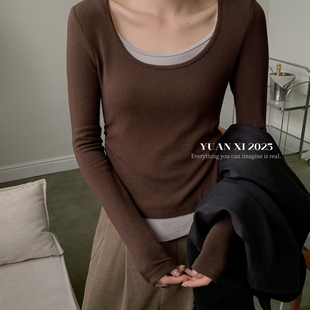 6068 加厚磨毛绒老客都知道 打底衫 撞色假两件长袖 爆款