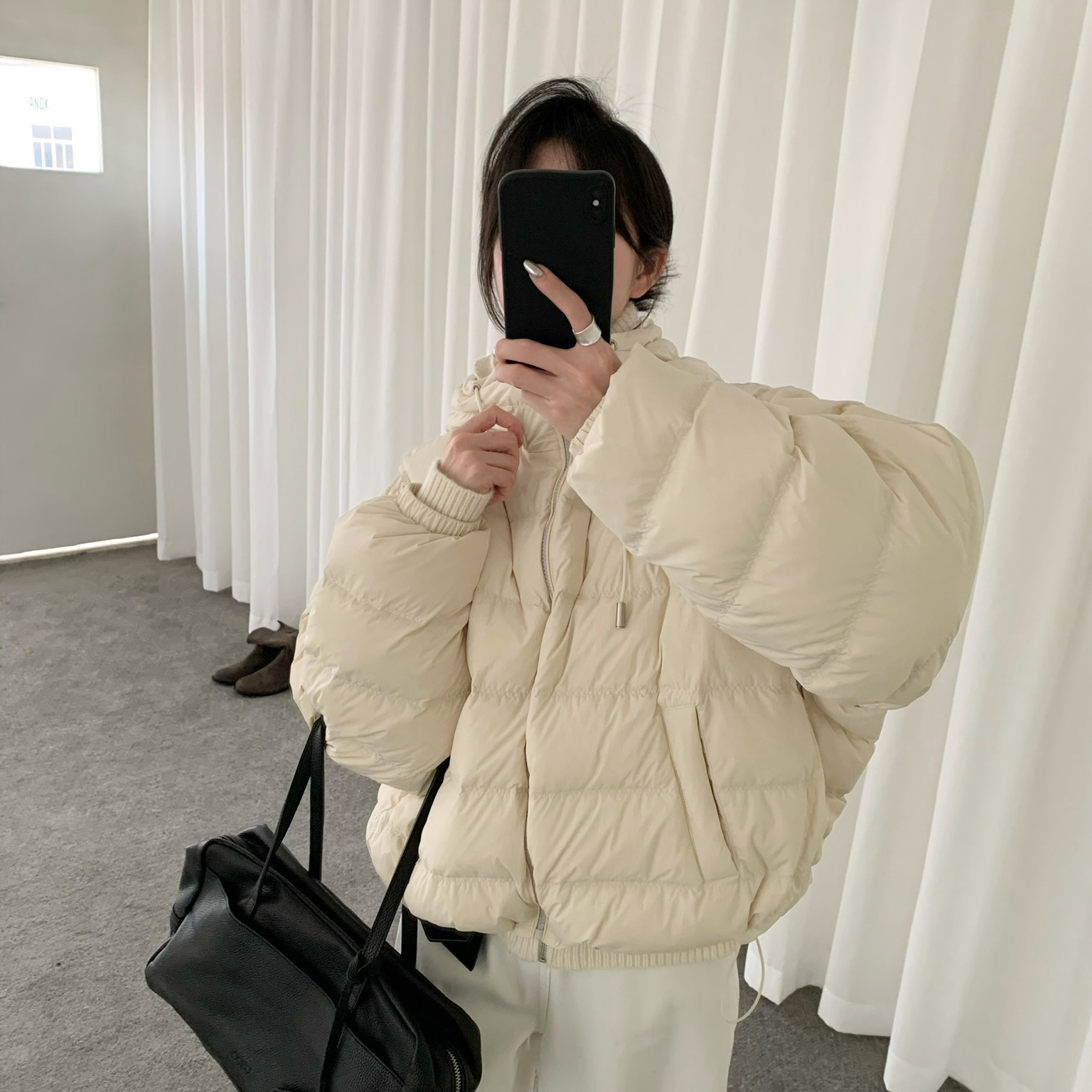 韩系系简约抽绳防风保暖排骨连帽羽绒服26010