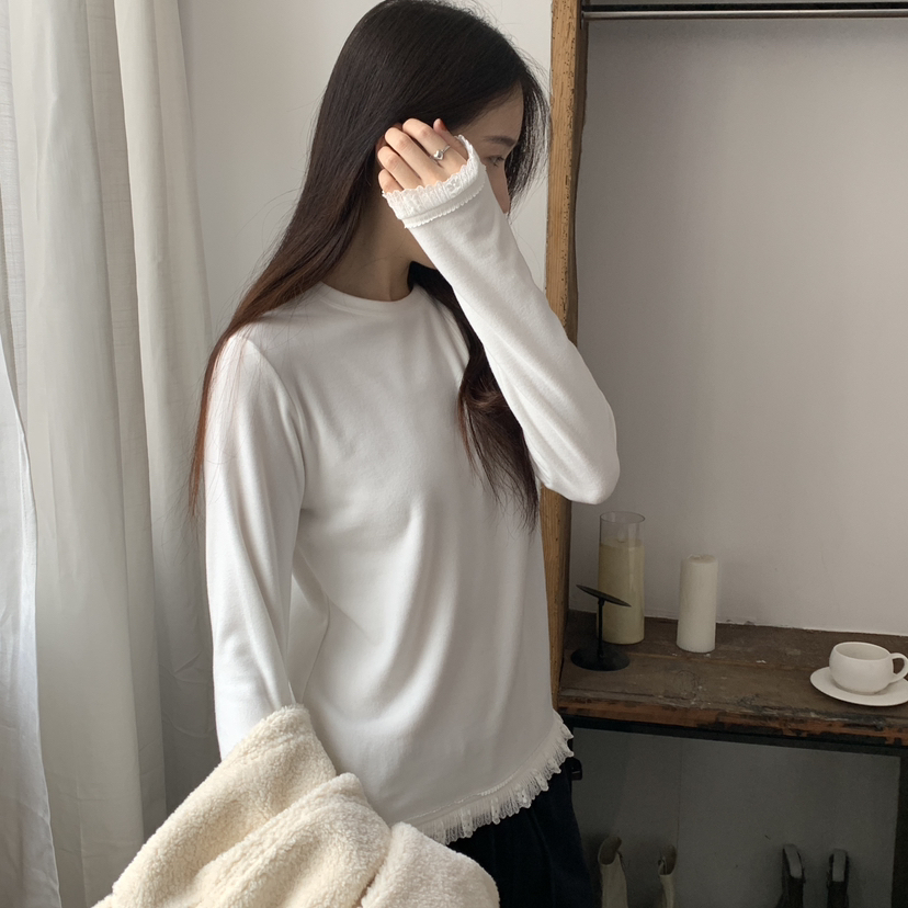 简约纯色圆领修身毛边设计感长袖T恤H6366