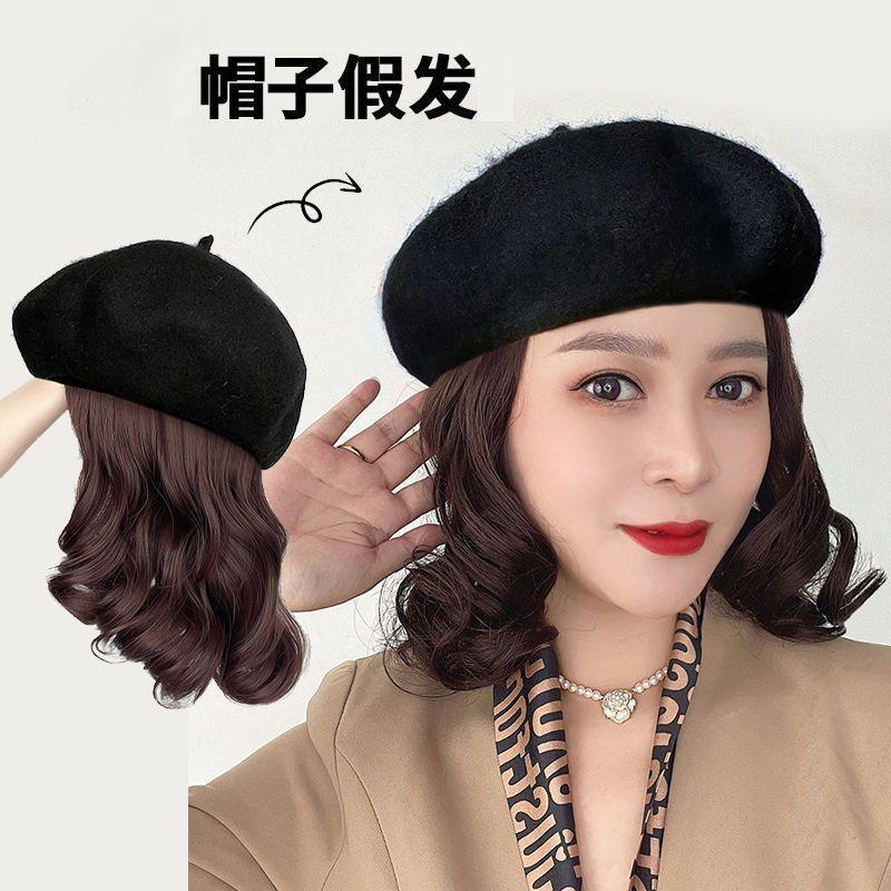 假发帽子一体女秋冬梨花卷妈妈帽