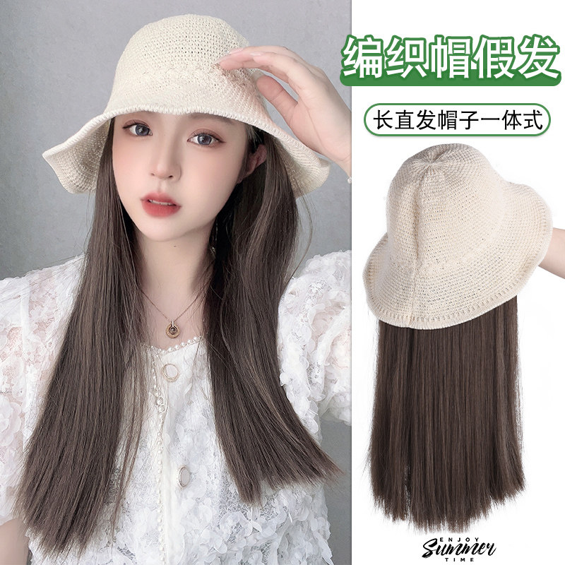 帽子假发一体女夏天渔夫帽