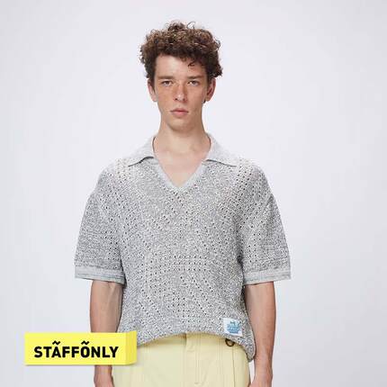 STAFFONLY 灰色花纱镂空POLO衫男女同款夏季短袖T恤25春夏新品