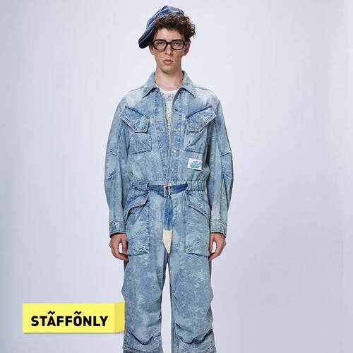 STAFFONLY 牛仔工装贴袋连体裤男女同款潮流口袋套装25春夏新品