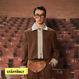 STAFFONLY 棕色翻领短款夹克格子拼接拉链男女款外套西装