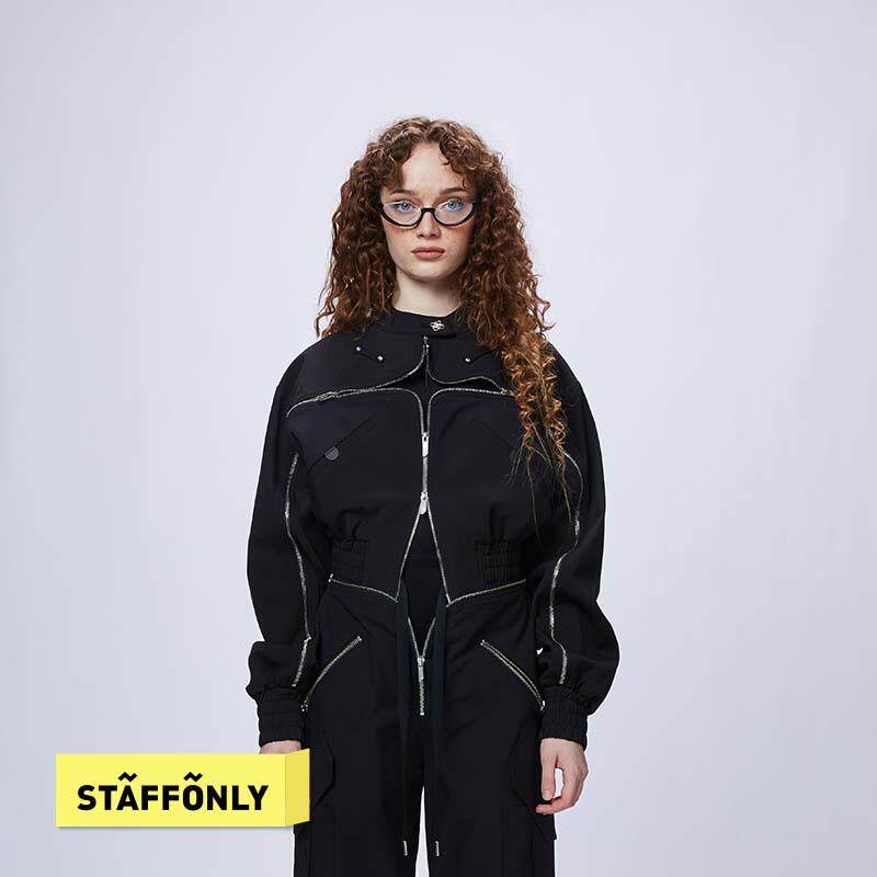 STAFFONLY 黑色四芒星拉链夹克女款bomber牛仔外套春夏新品图片