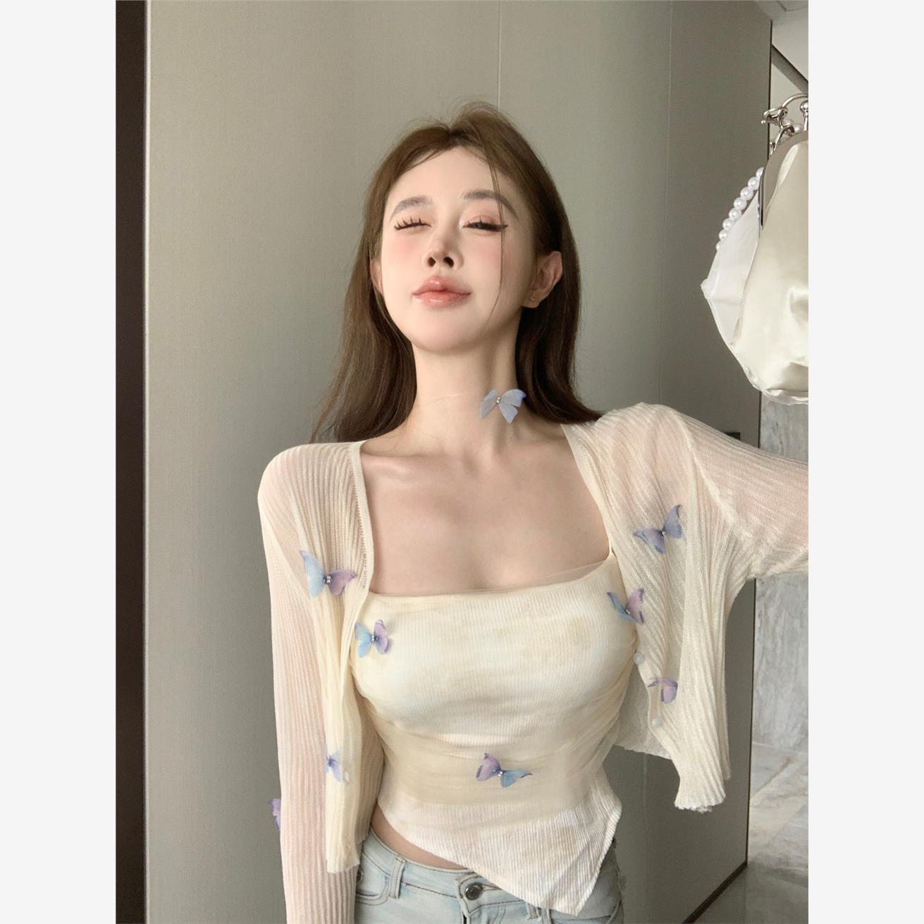 2024夏季新款森女古风立体花朵吊带背心针织开衫时尚清新两件套女