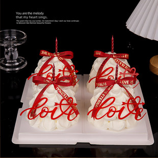 214情人节love亚克力插牌蛋糕装 饰蝴蝶结丝带ins红色蜡烛甜品插件